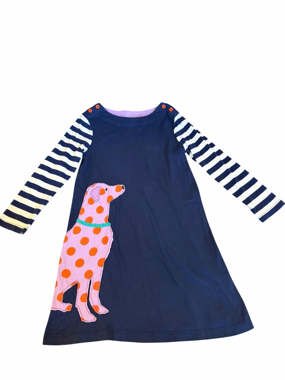 Mini Boden Girls 6-7Y Dog Appliqué Striped Long Sleeve Dress Navy